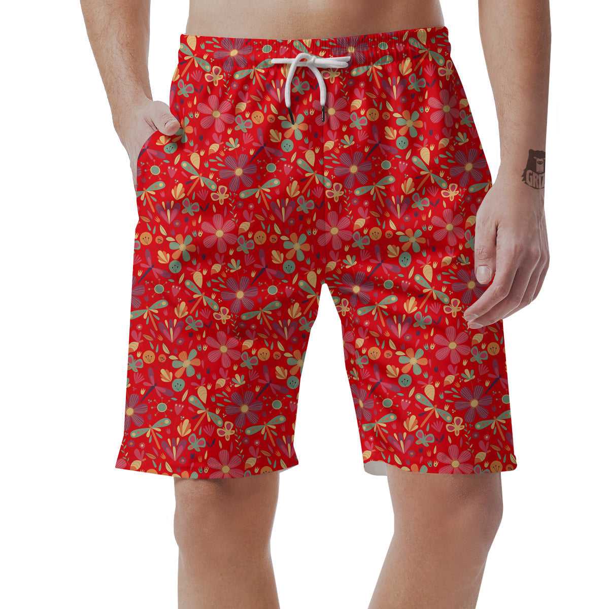 Floral Dragonfly Christmas Print Pattern Men's Shorts-grizzshop
