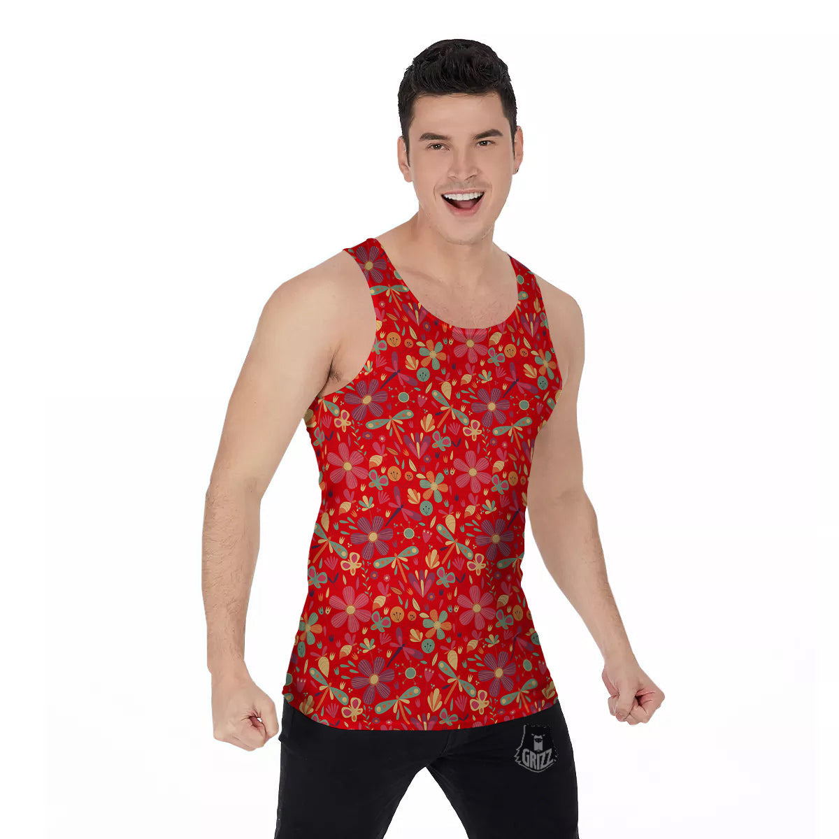 Floral Dragonfly Christmas Print Pattern Men's Tank Top-grizzshop