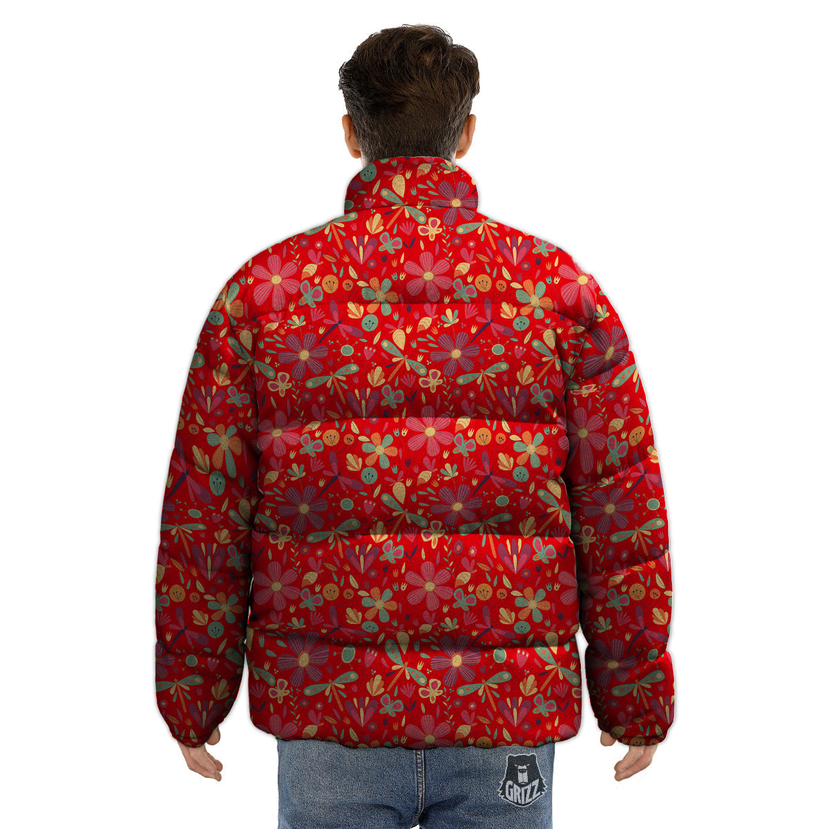 Floral Dragonfly Christmas Print Pattern Puffer Jacket-grizzshop