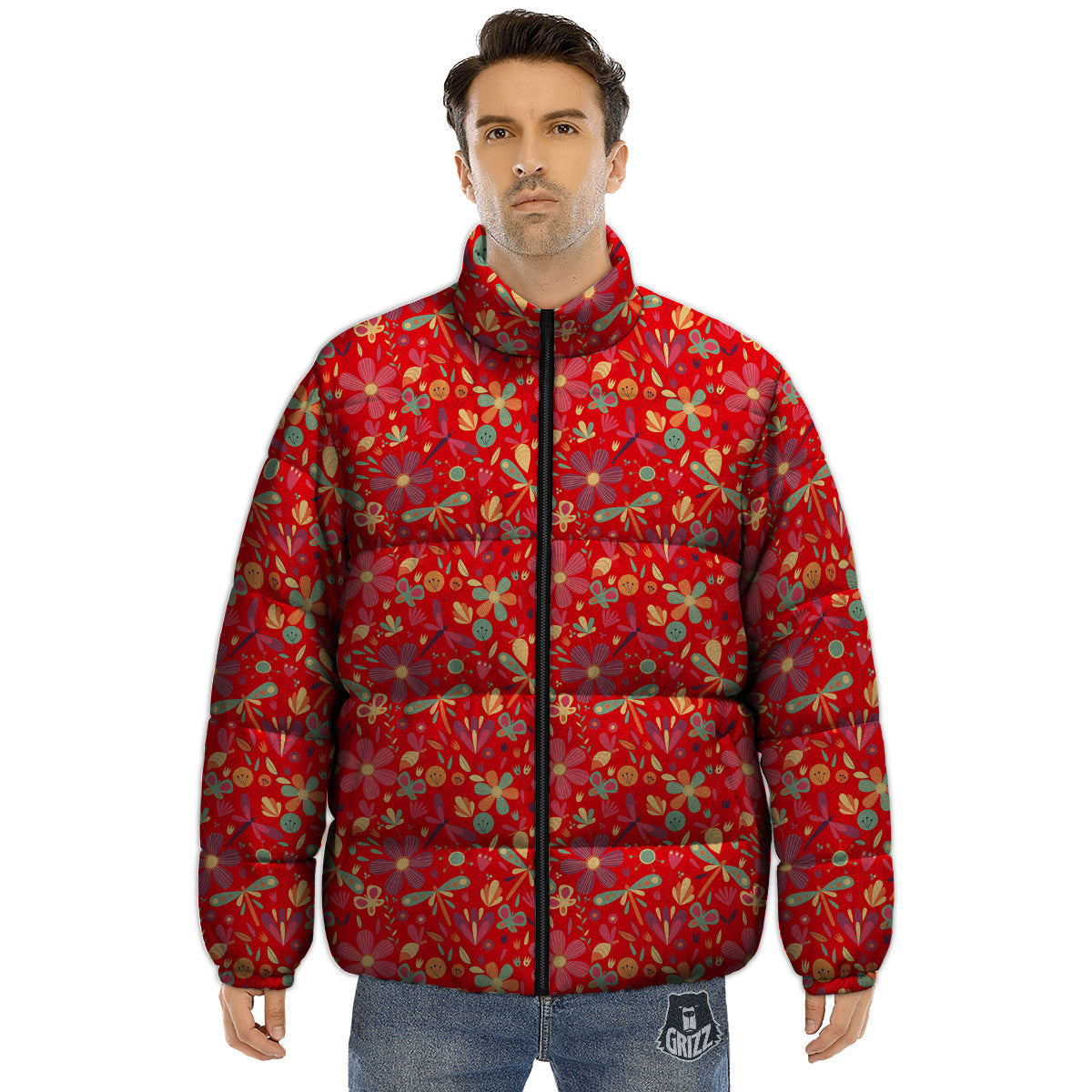 Floral Dragonfly Christmas Print Pattern Puffer Jacket-grizzshop