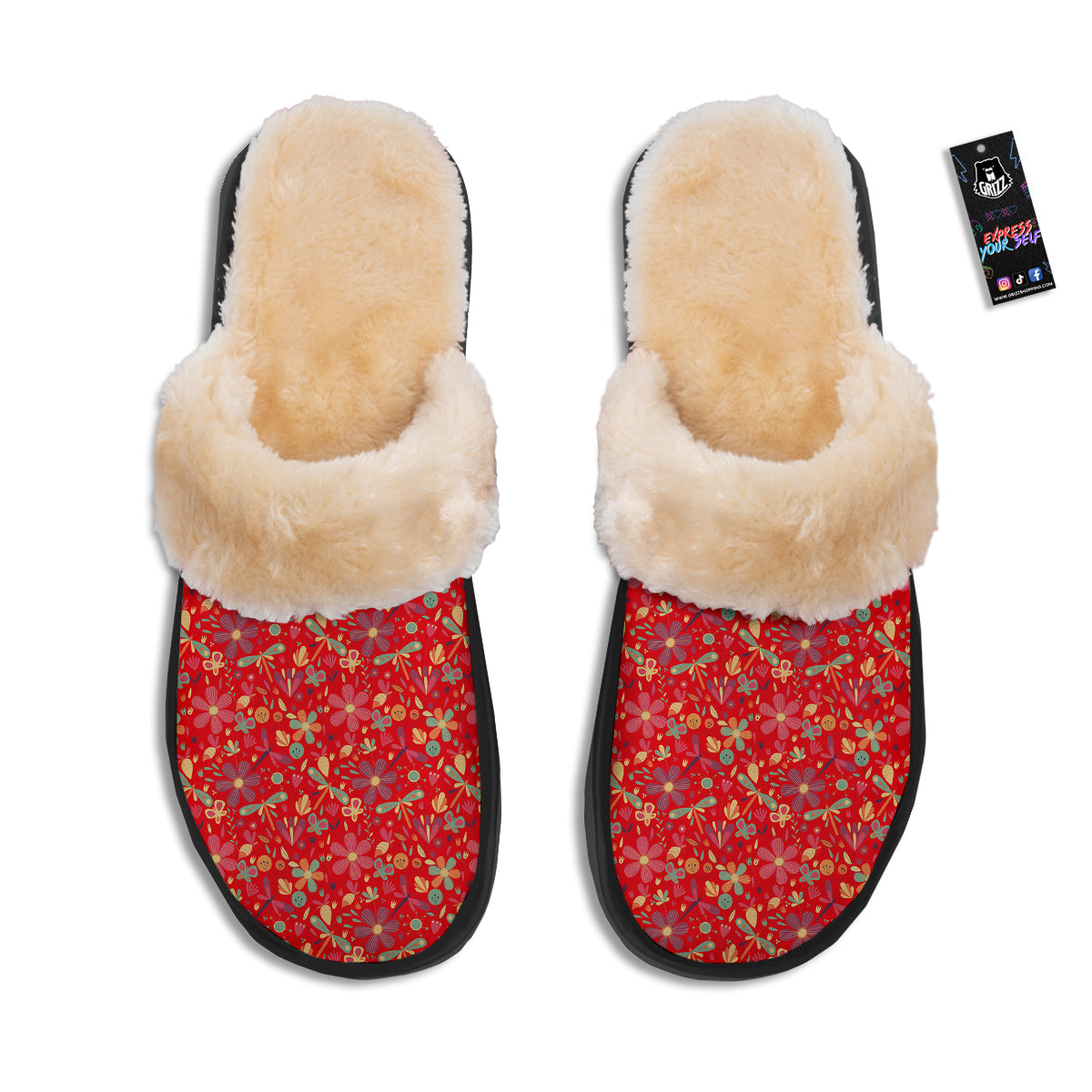 Floral Dragonfly Christmas Print Pattern Slippers-grizzshop