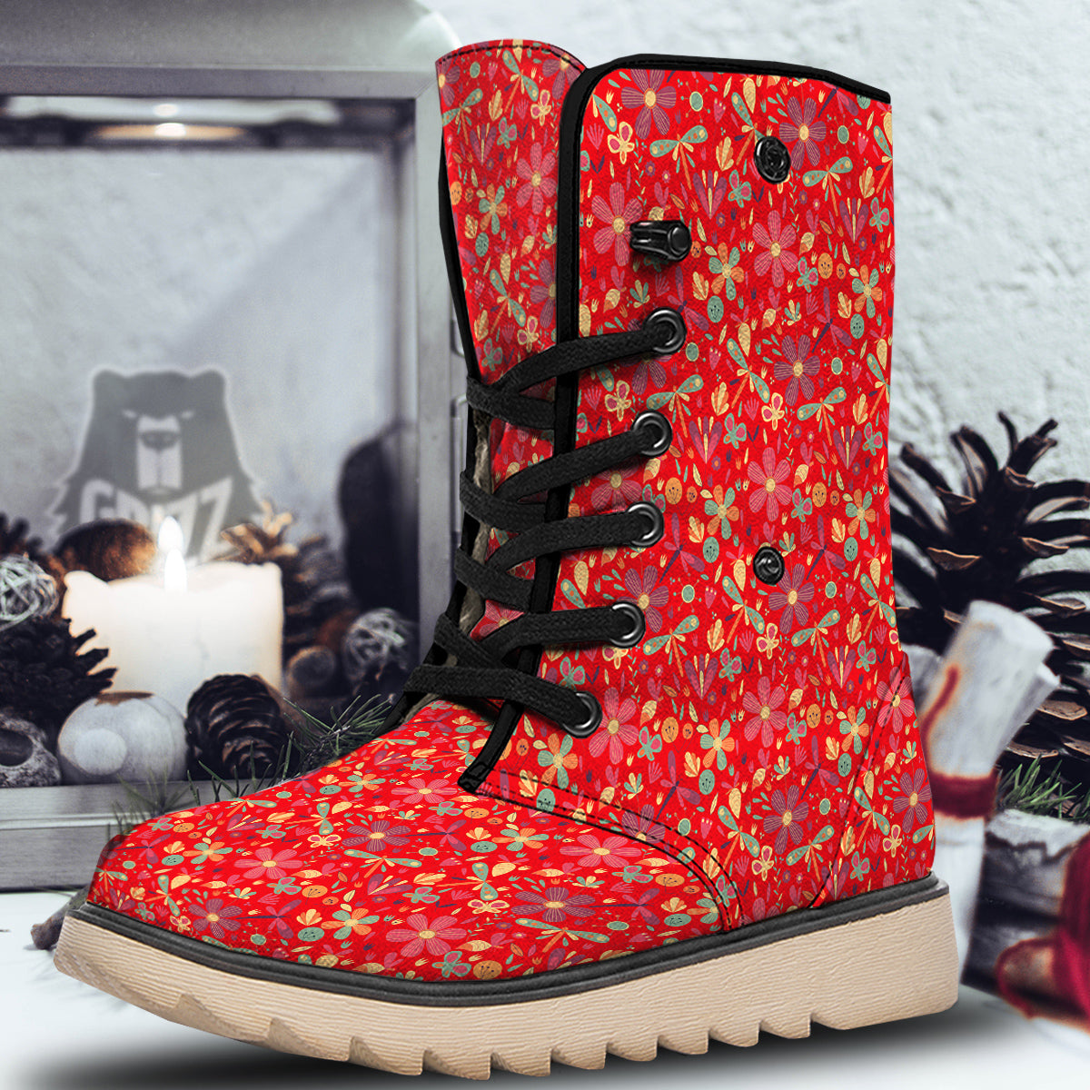 Floral Dragonfly Christmas Print Pattern Snow Boots-grizzshop
