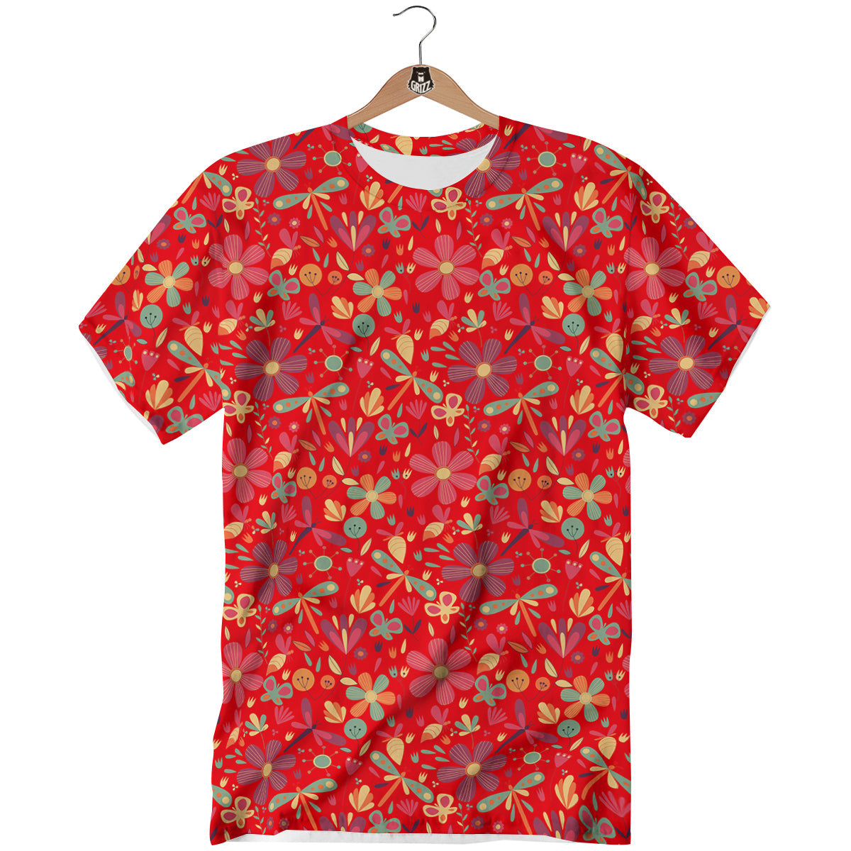 Floral Dragonfly Christmas Print Pattern T-Shirt-grizzshop