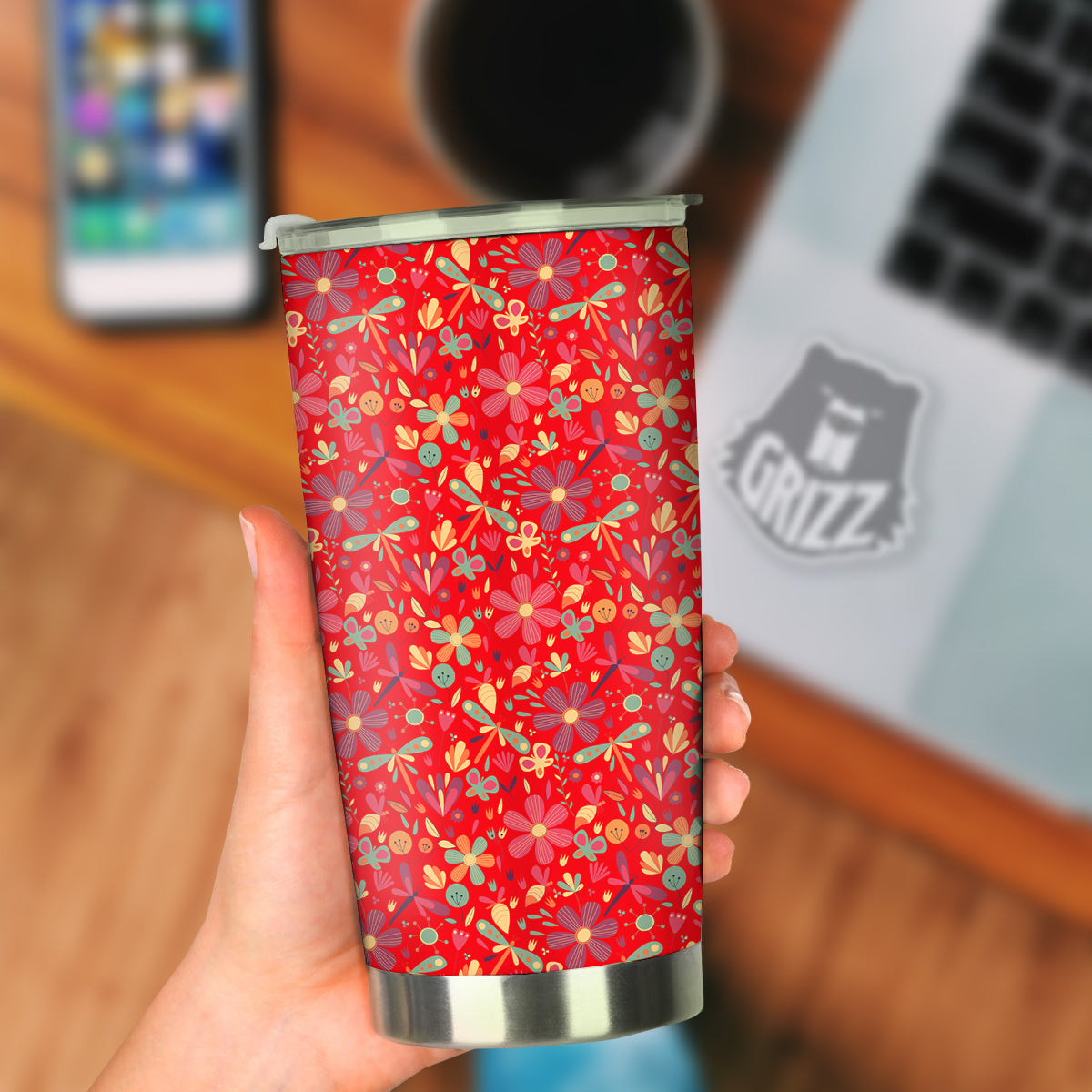Floral Dragonfly Christmas Print Pattern Tumbler-grizzshop
