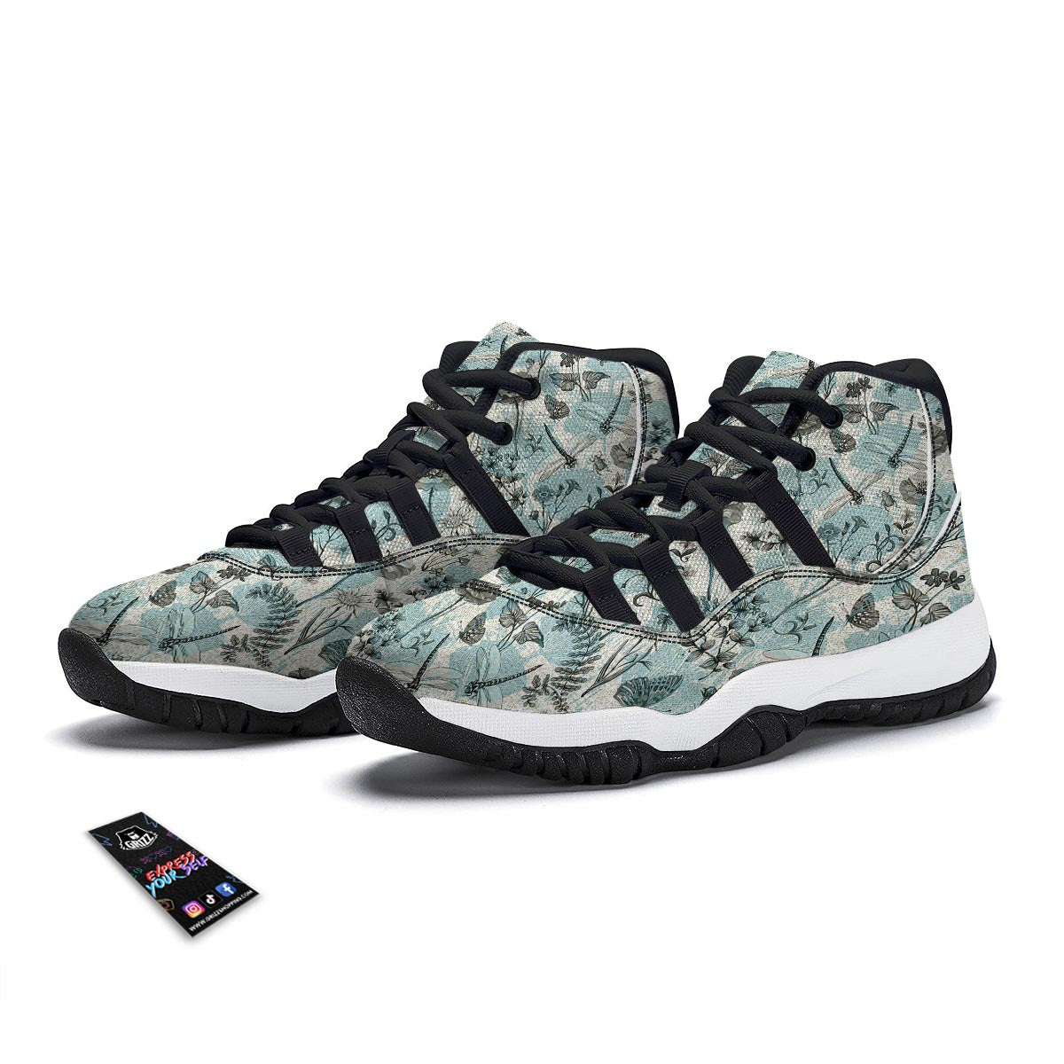 Floral Dragonfly Print Black Bball Shoes-grizzshop