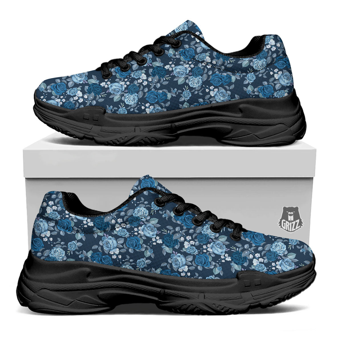 Floral Flower Blue Rose Print Pattern Black Chunky Shoes-grizzshop