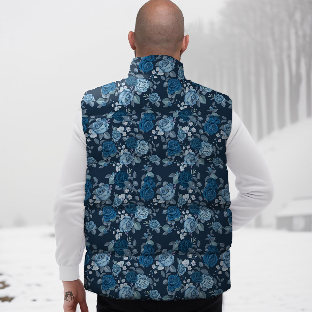Floral Flower Blue Rose Print Pattern Down Vest-grizzshop