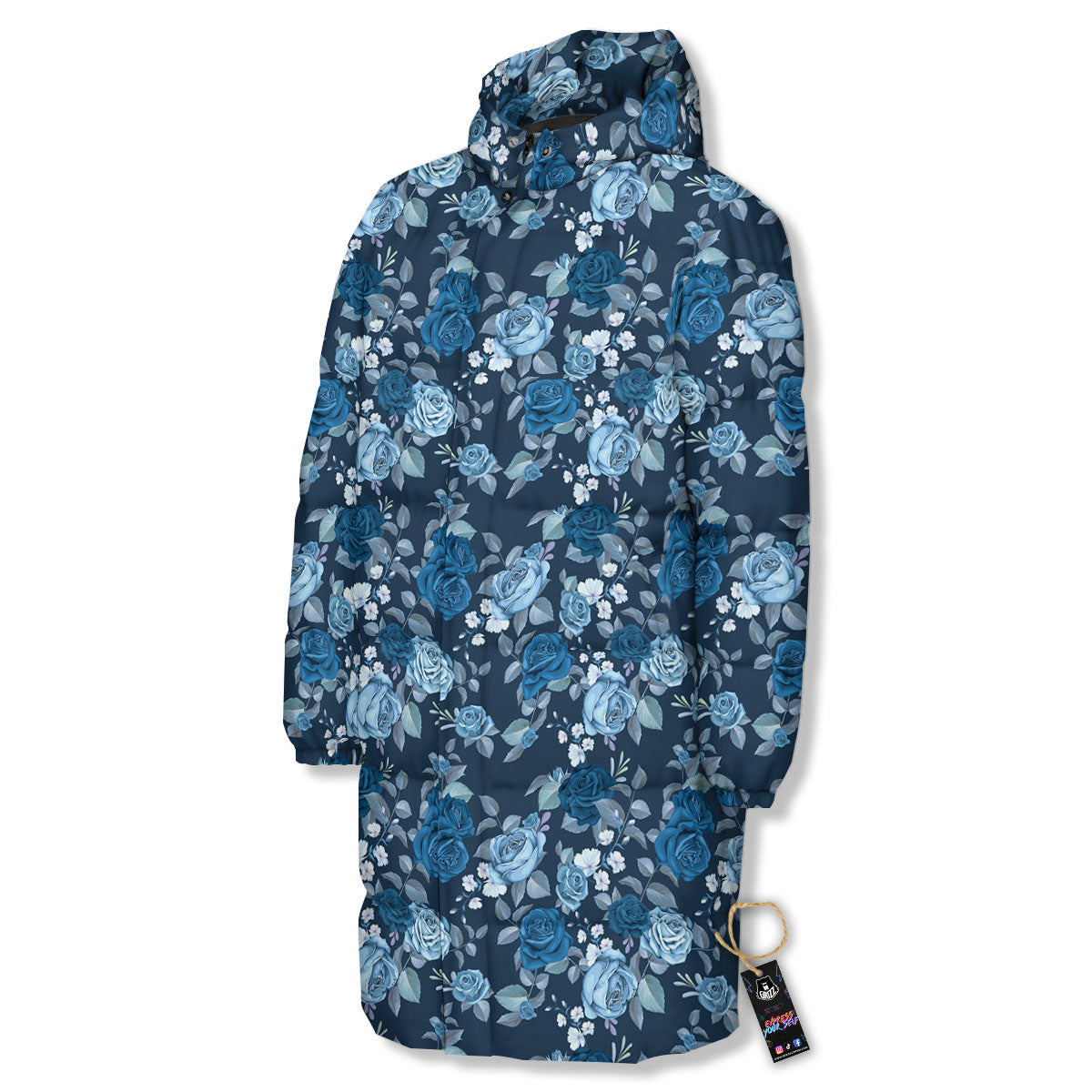 Floral Flower Blue Rose Print Pattern Long Down Jacket-grizzshop