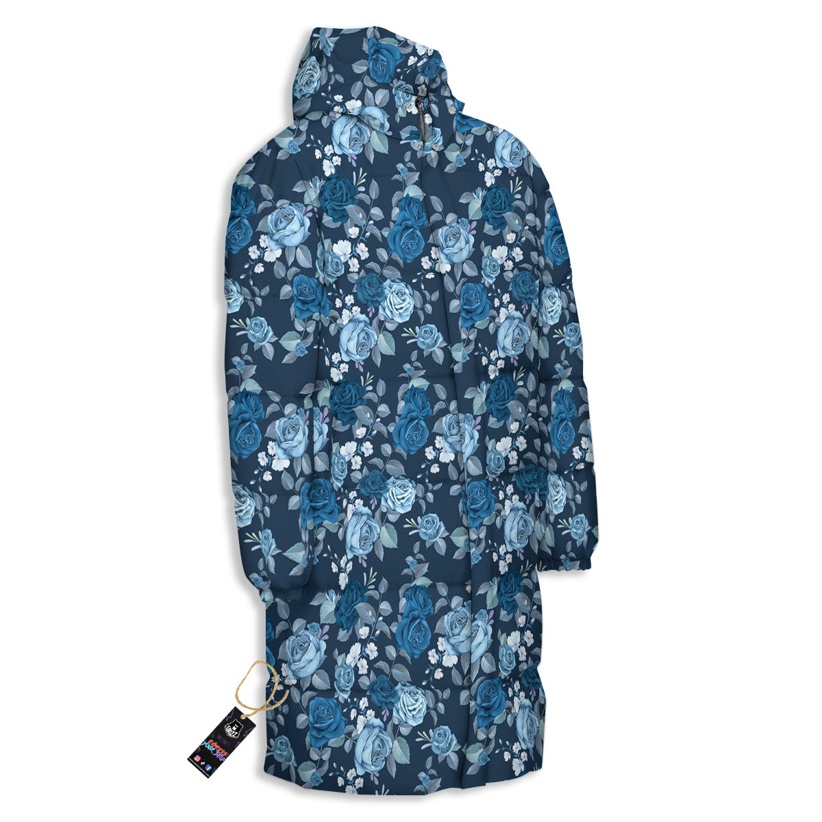 Floral Flower Blue Rose Print Pattern Long Down Jacket-grizzshop