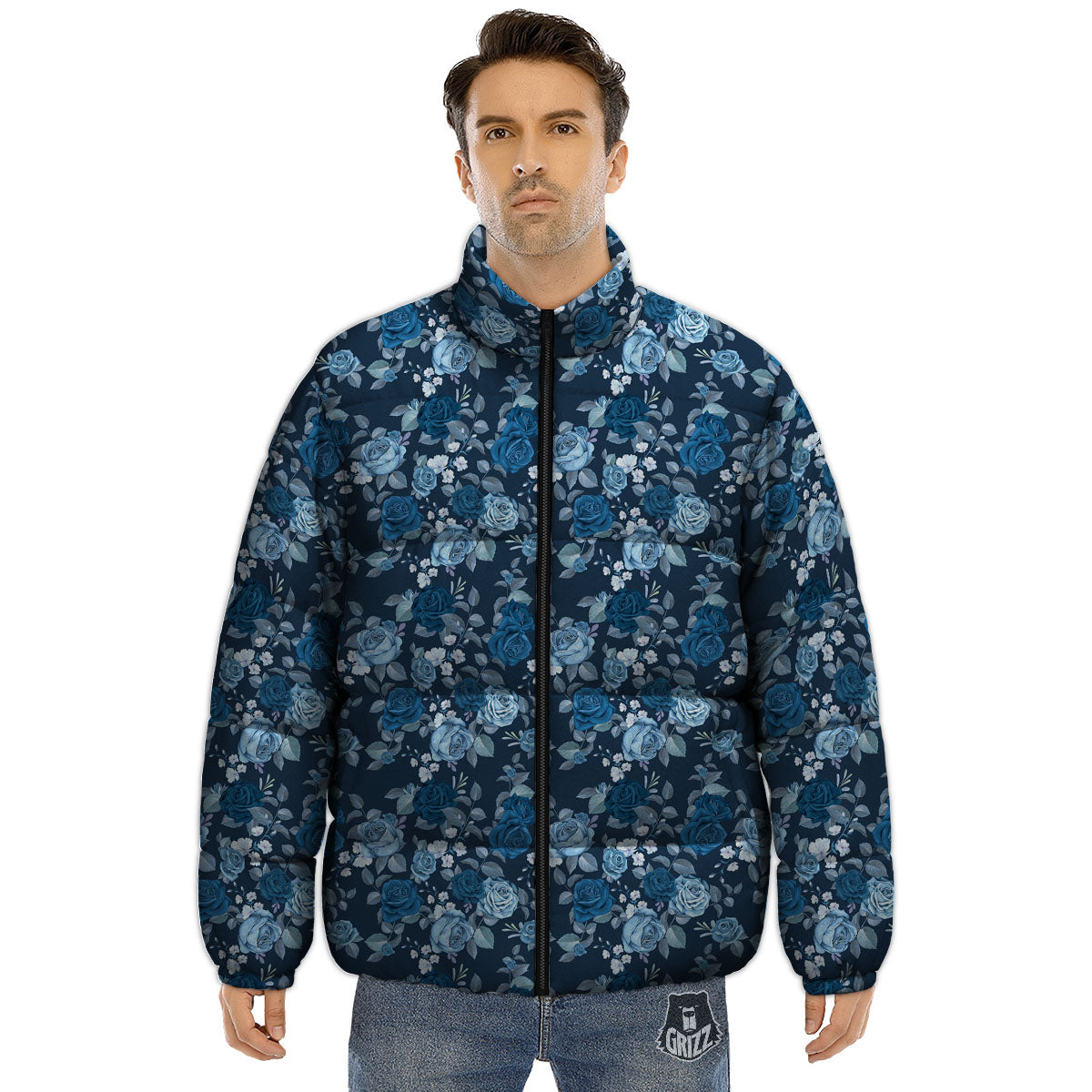 Floral Flower Blue Rose Print Pattern Puffer Jacket-grizzshop