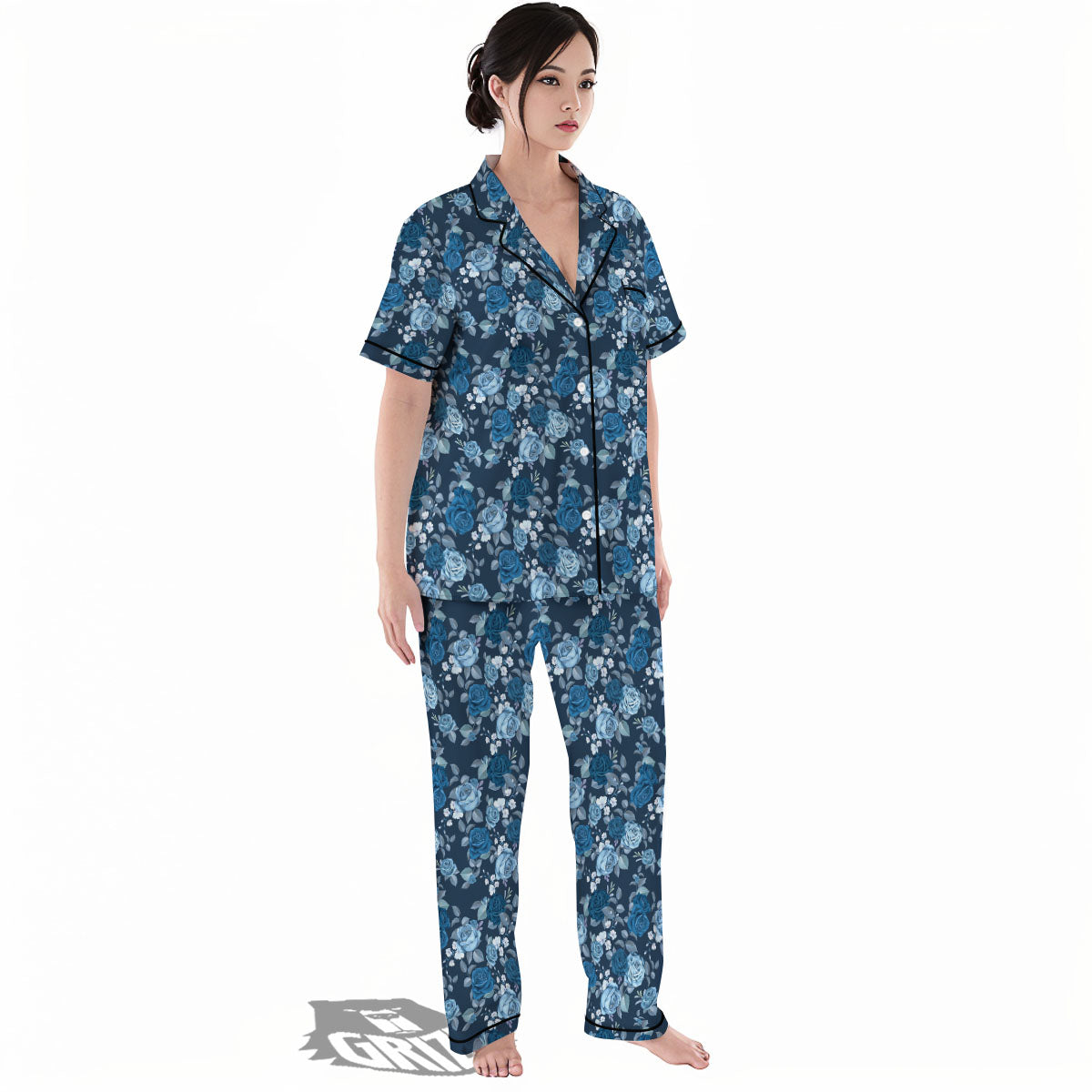 Floral Flower Blue Rose Print Pattern Women's Pajamas Set-grizzshop