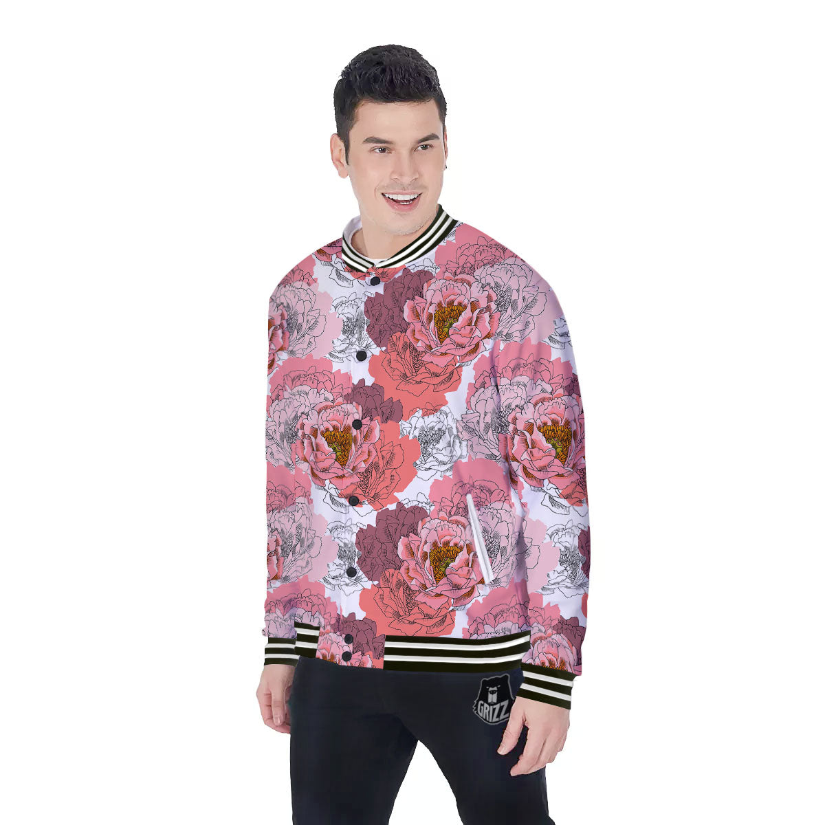 Floral Flower Pink Peony Print Pattern Baseball Jacket-grizzshop