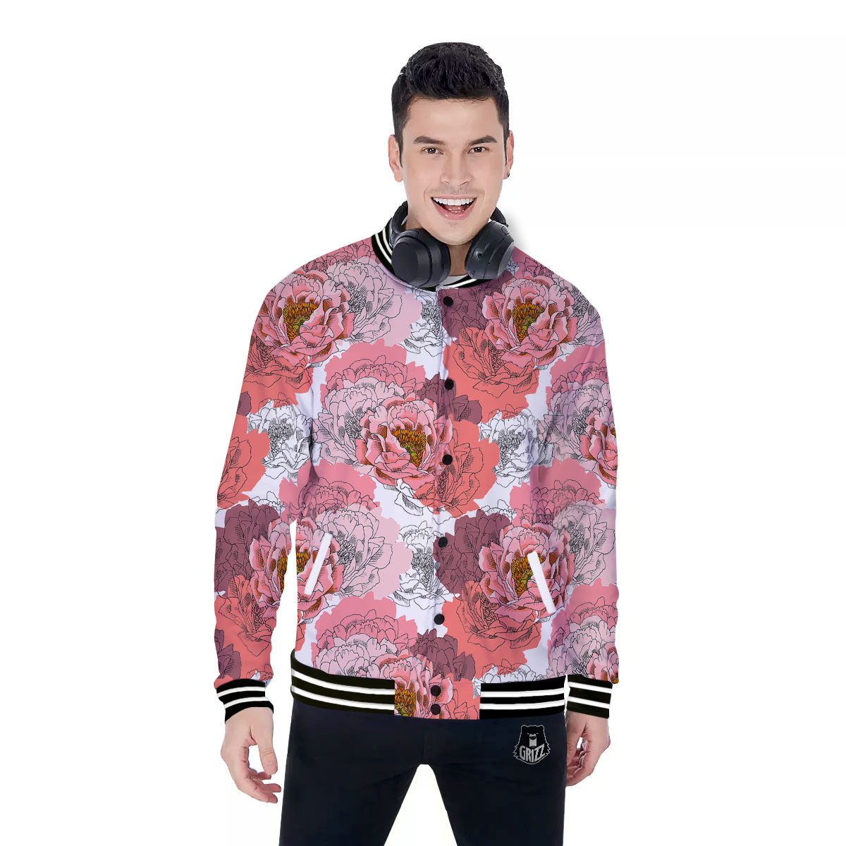 Floral Flower Pink Peony Print Pattern Baseball Jacket-grizzshop