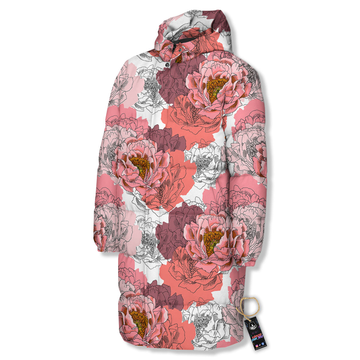 Floral Flower Pink Peony Print Pattern Long Down Jacket-grizzshop