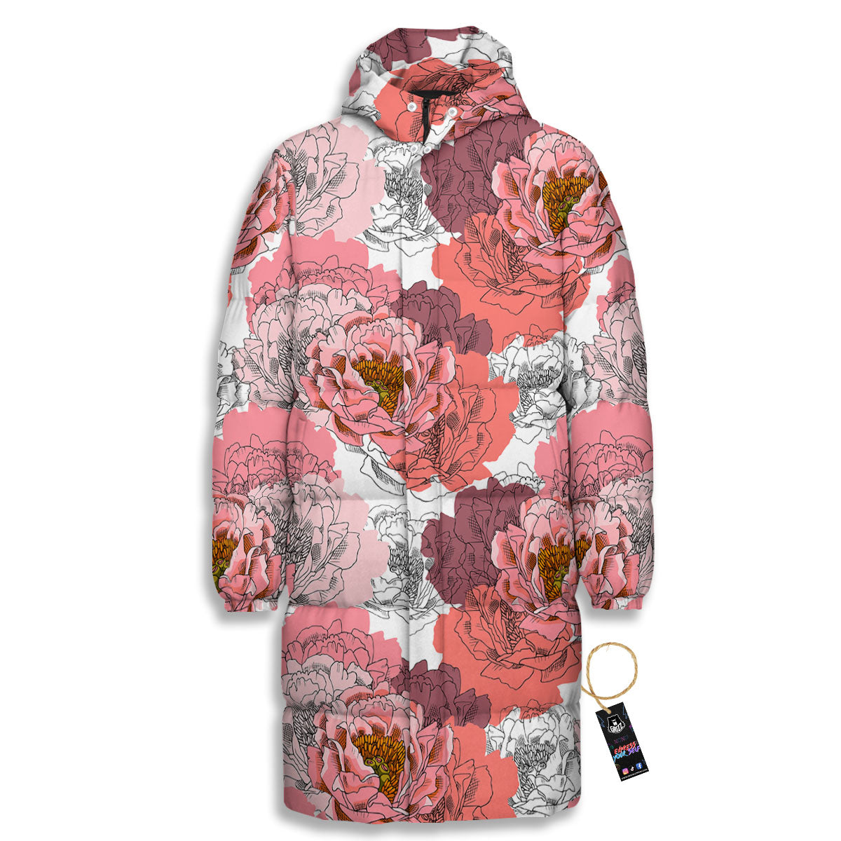 Floral Flower Pink Peony Print Pattern Long Down Jacket-grizzshop