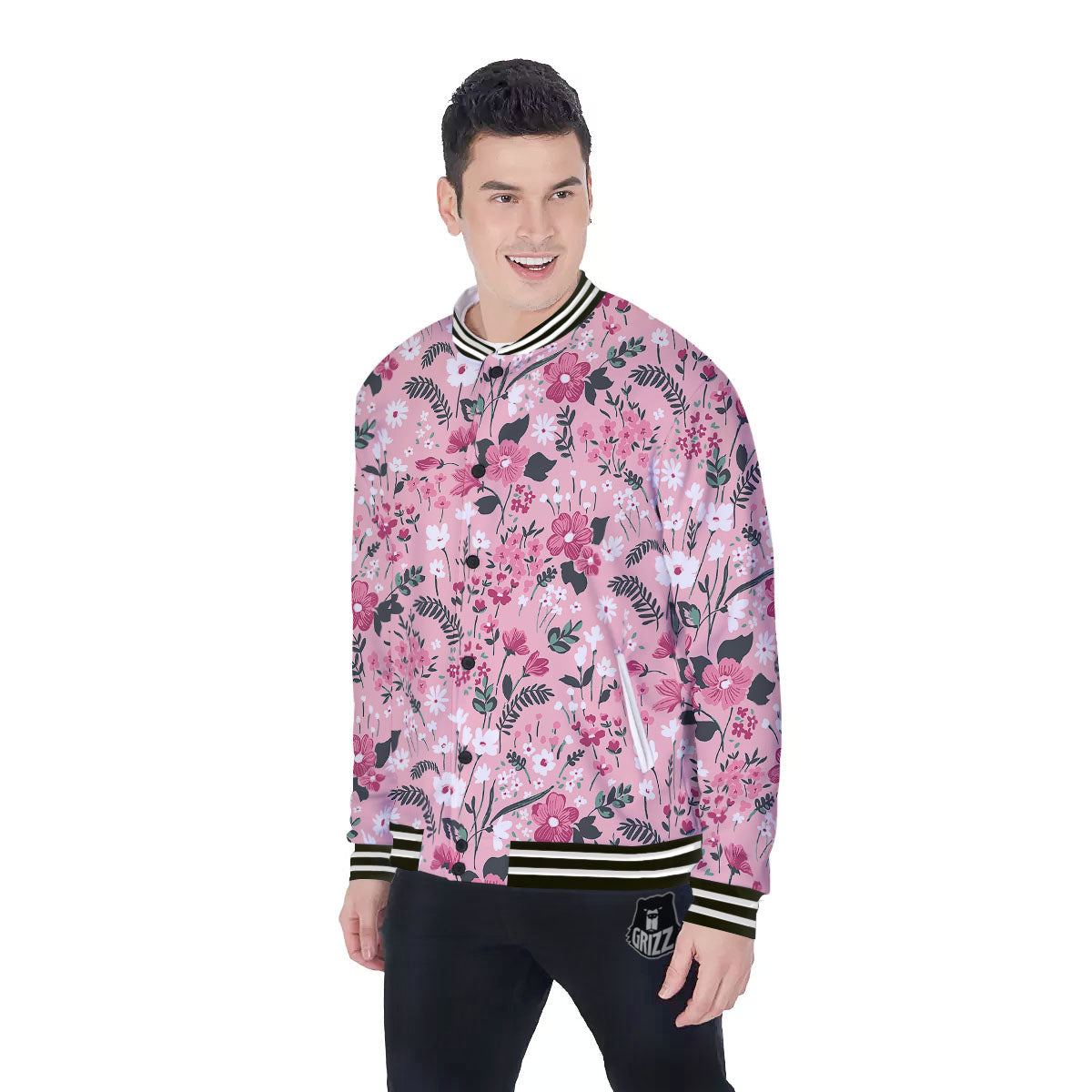 Floral Flower Pink Print Pattern Baseball Jacket-grizzshop