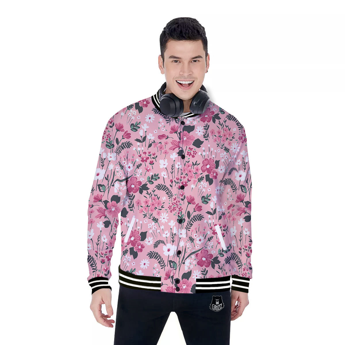 Floral Flower Pink Print Pattern Baseball Jacket-grizzshop