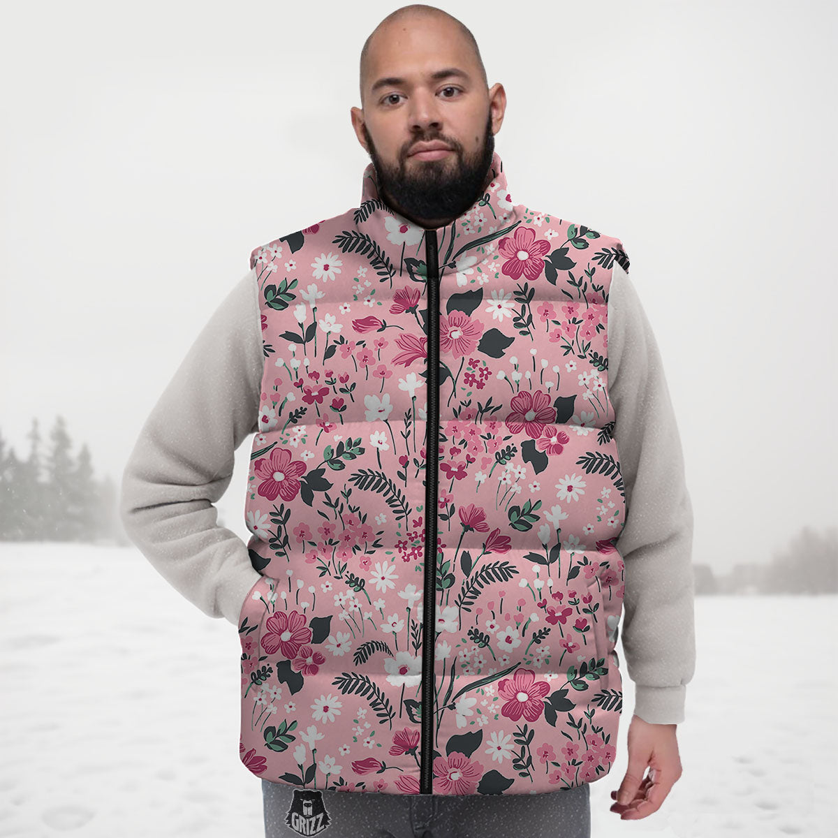 Floral Flower Pink Print Pattern Down Vest-grizzshop