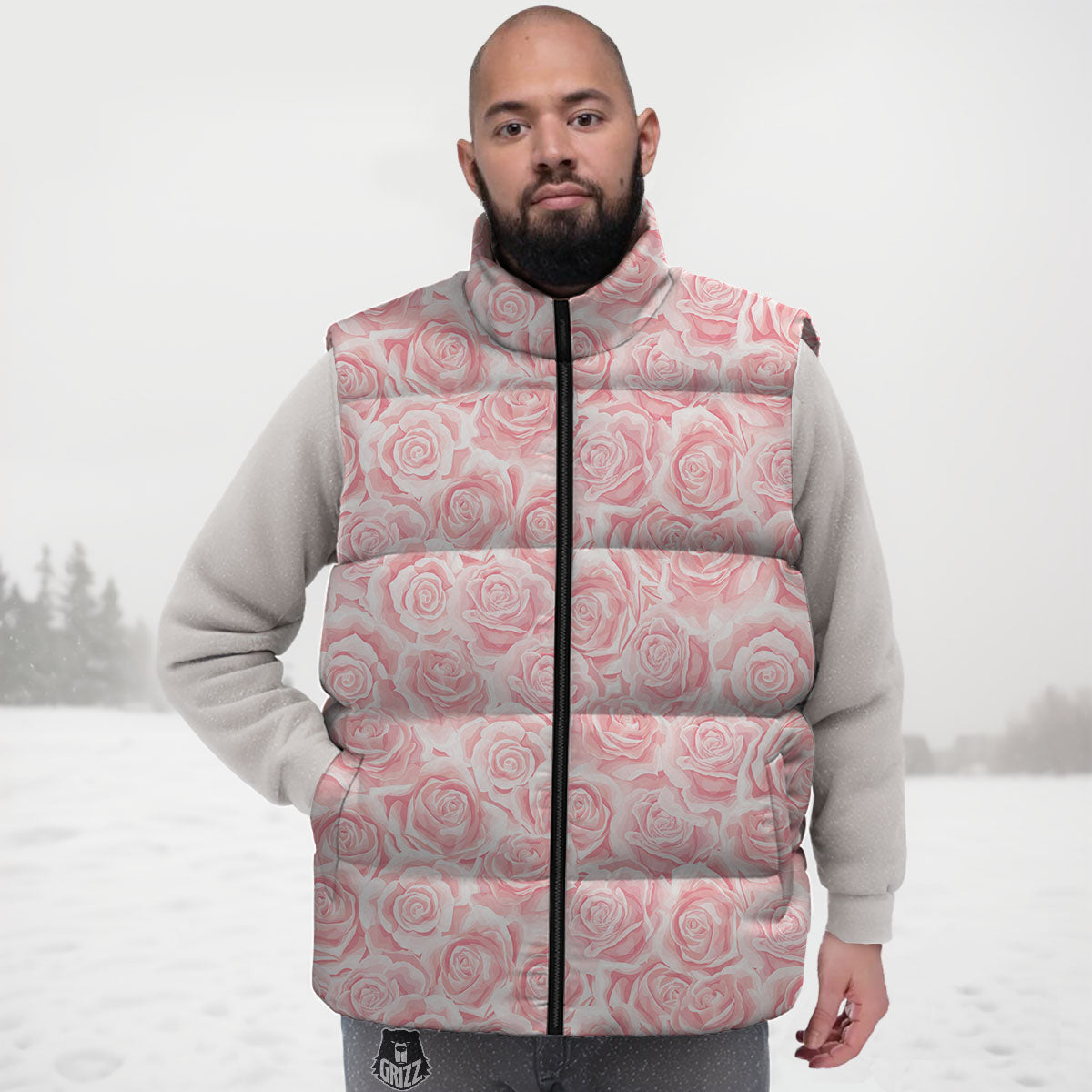 Floral Flower Pink Rose Print Pattern Down Vest-grizzshop
