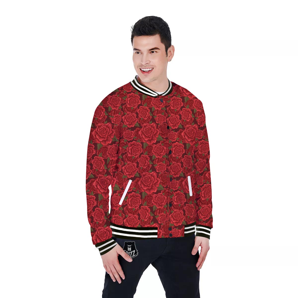 Floral Flower Red Rose Print Pattern Baseball Jacket-grizzshop