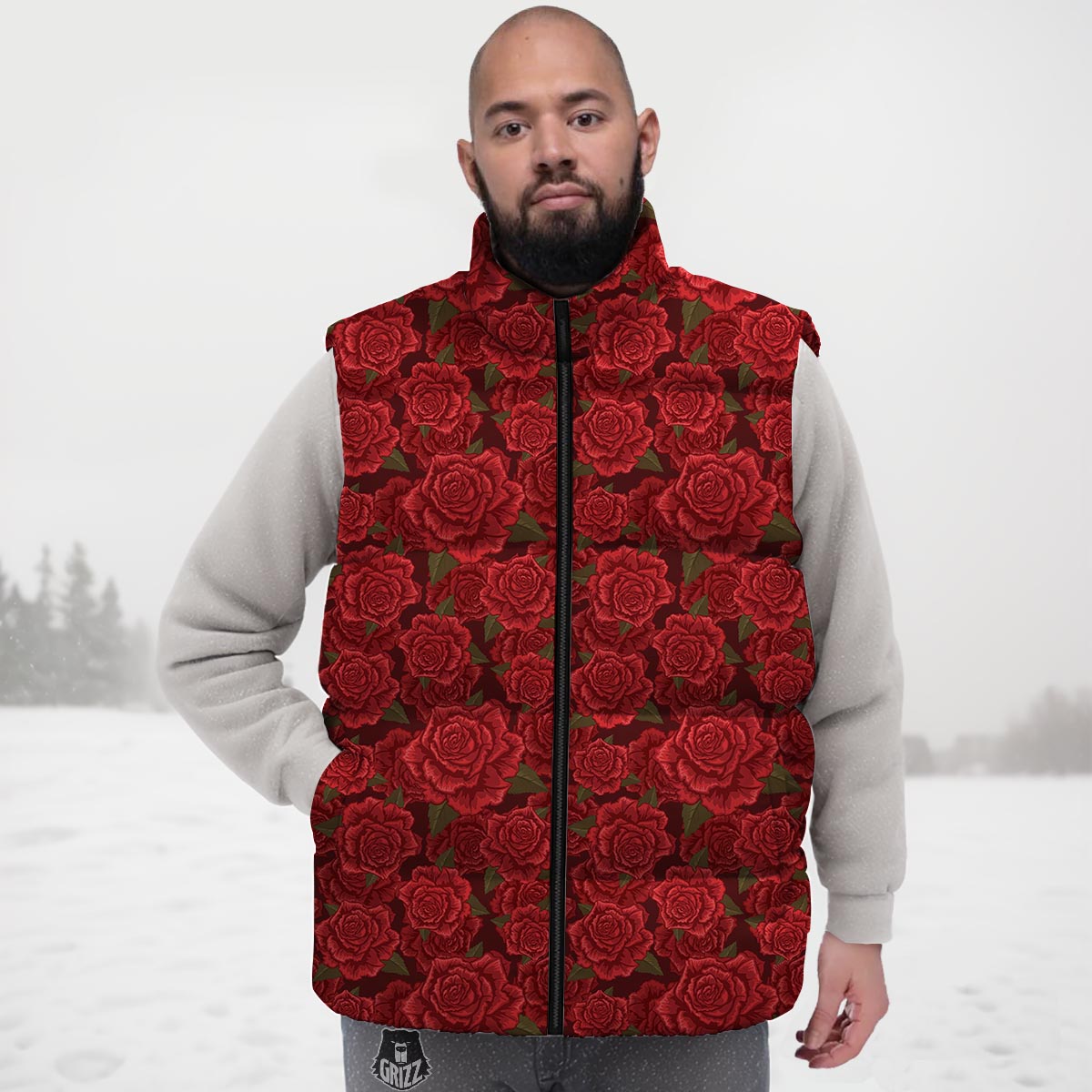 Floral Flower Red Rose Print Pattern Down Vest-grizzshop