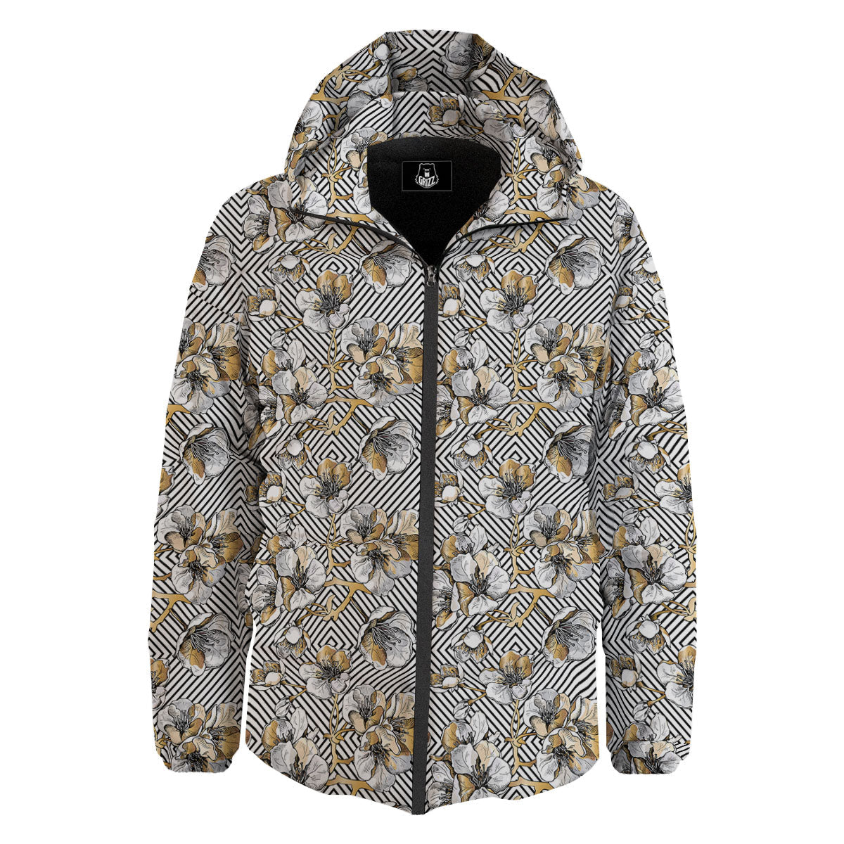 Floral Geometric Japanese Print Pattern Down Jacket-grizzshop