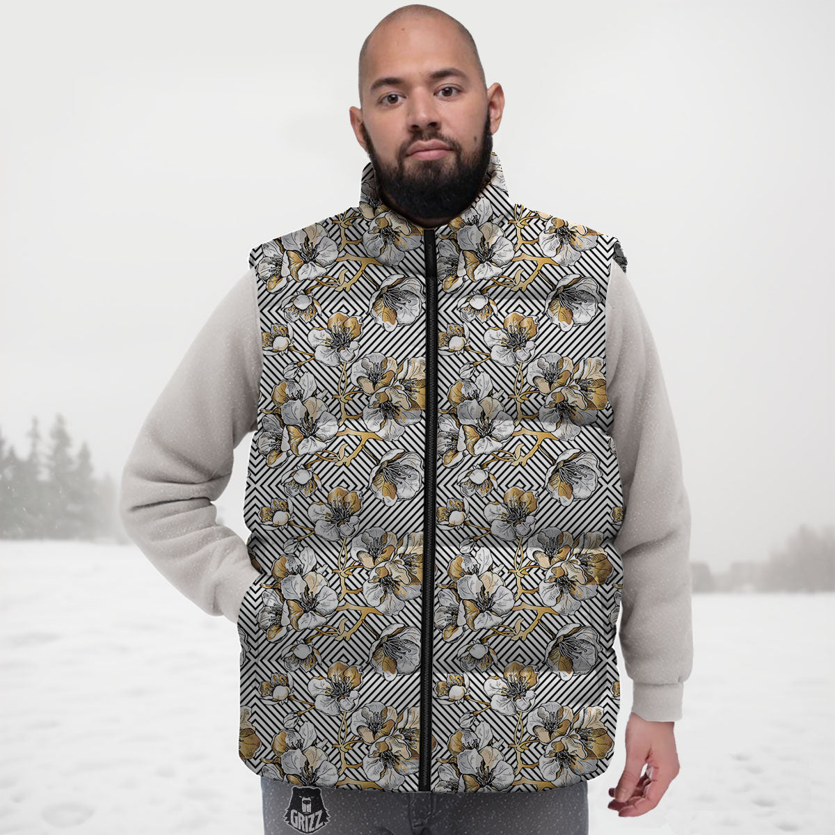 Floral Geometric Japanese Print Pattern Down Vest