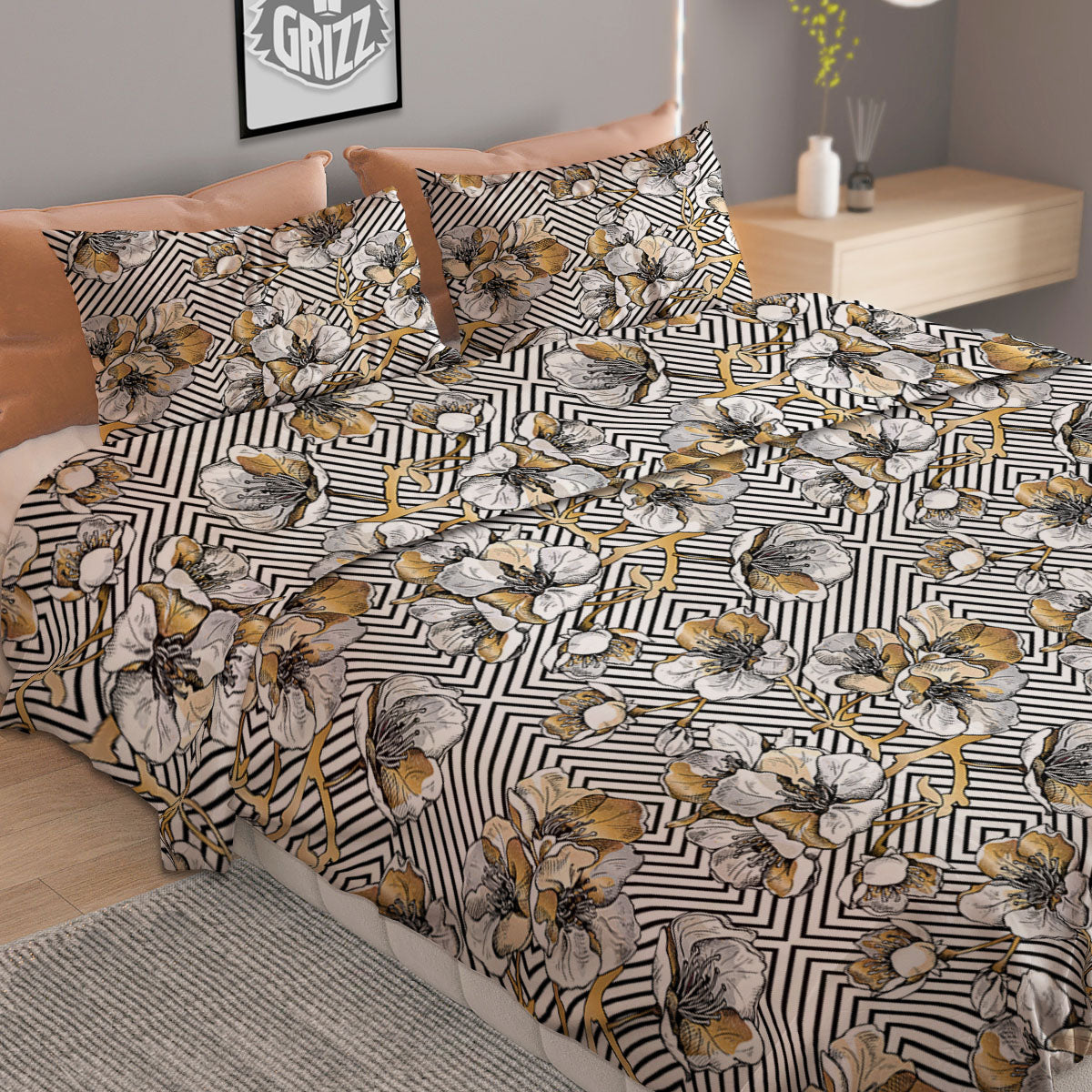 Floral Geometric Japanese Print Pattern Duvet Cover Bedding Set