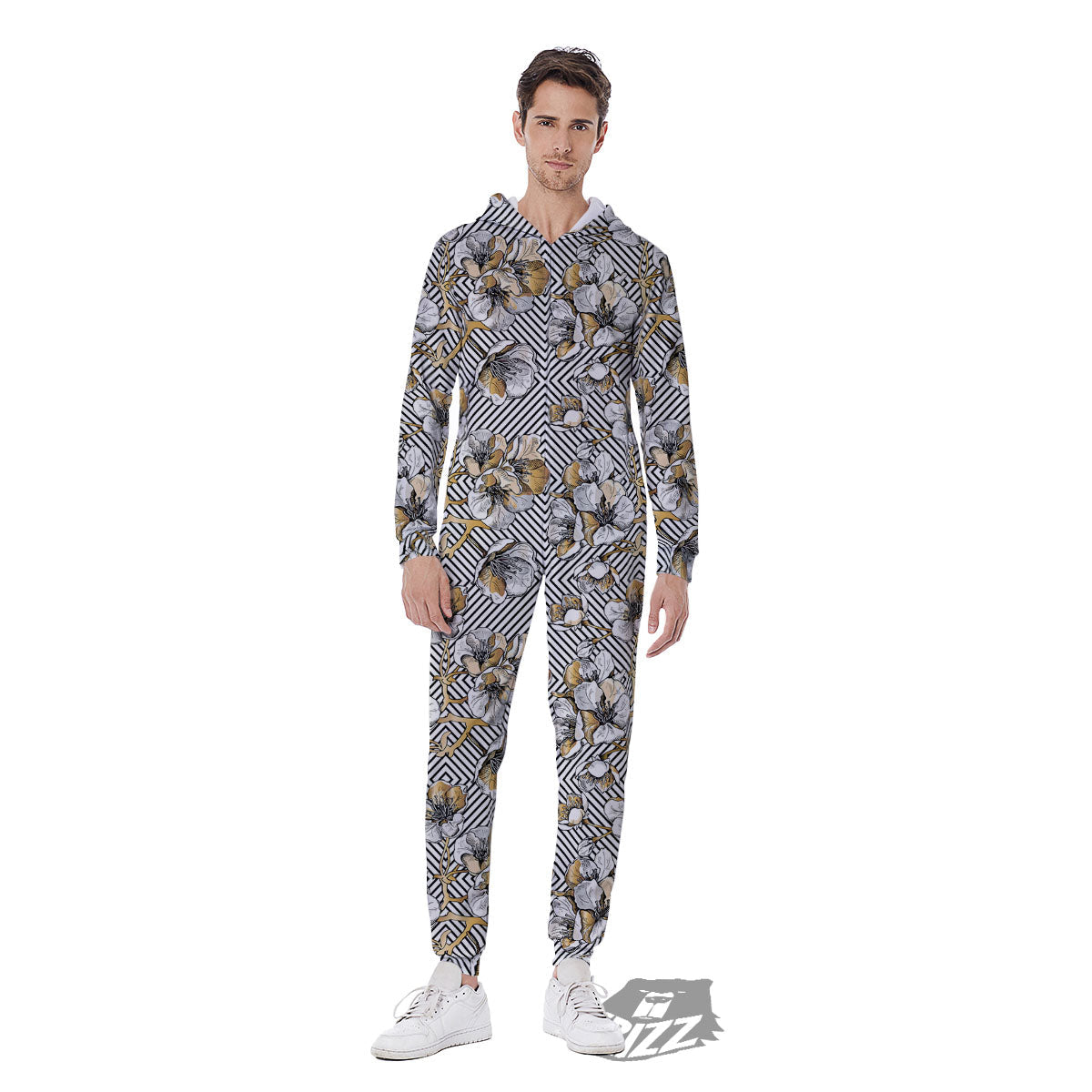 Floral Geometric Japanese Print Pattern Men's Jumpsuit-grizzshop
