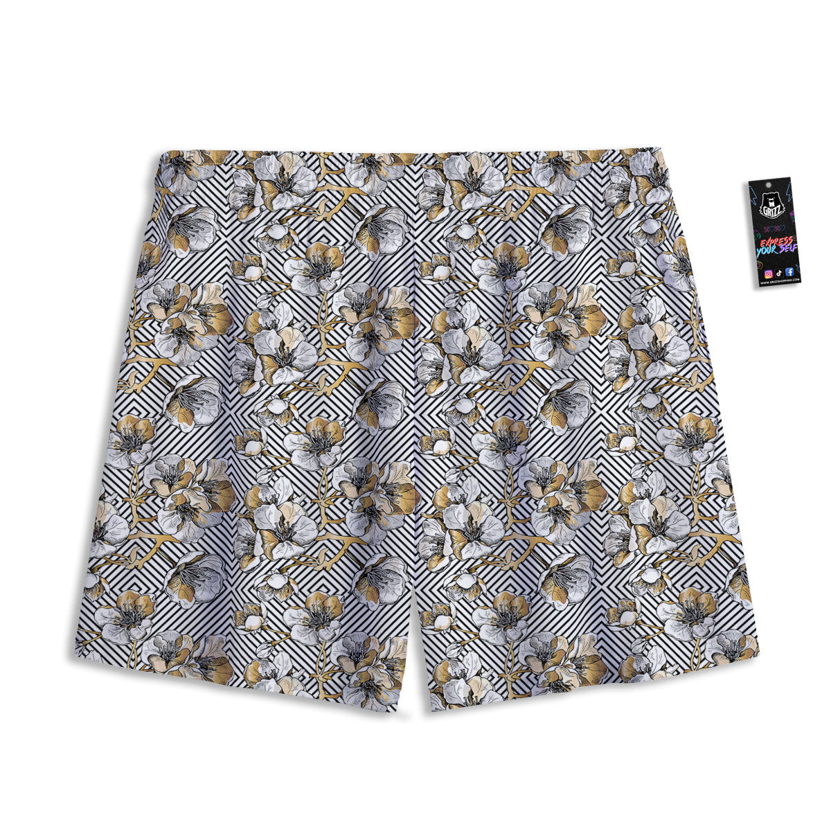 Floral Geometric Japanese Print Pattern Mesh Shorts