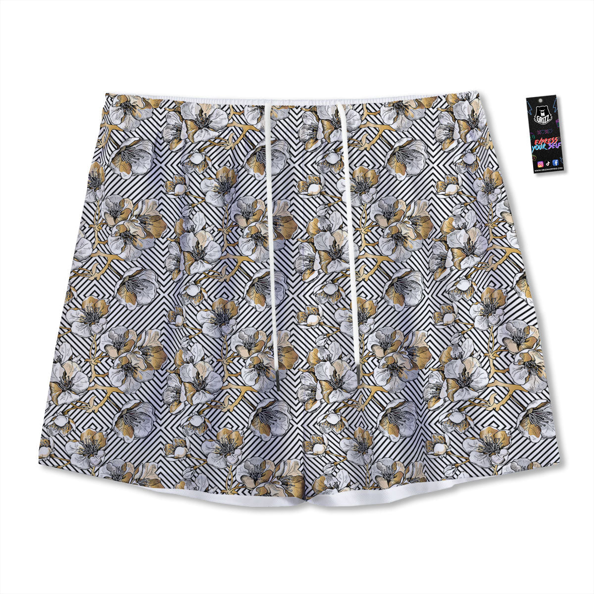 Floral Geometric Japanese Print Pattern Mesh Shorts