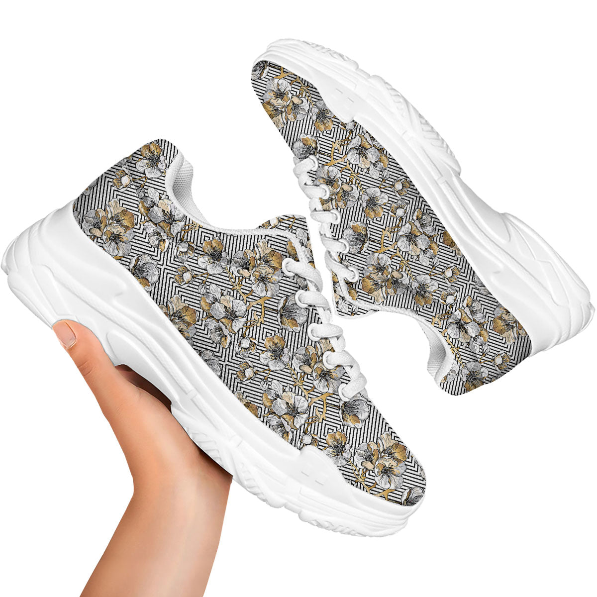 Floral Geometric Japanese Print Pattern White Chunky Shoes-grizzshop