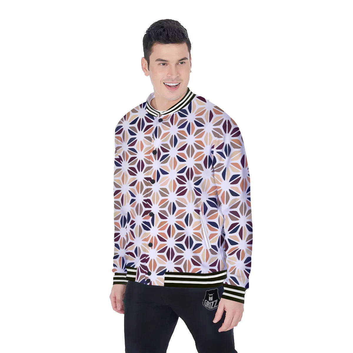 Floral Geometric Print Baseball Jacket-grizzshop
