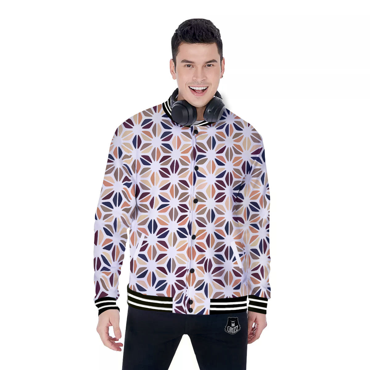 Floral Geometric Print Baseball Jacket-grizzshop