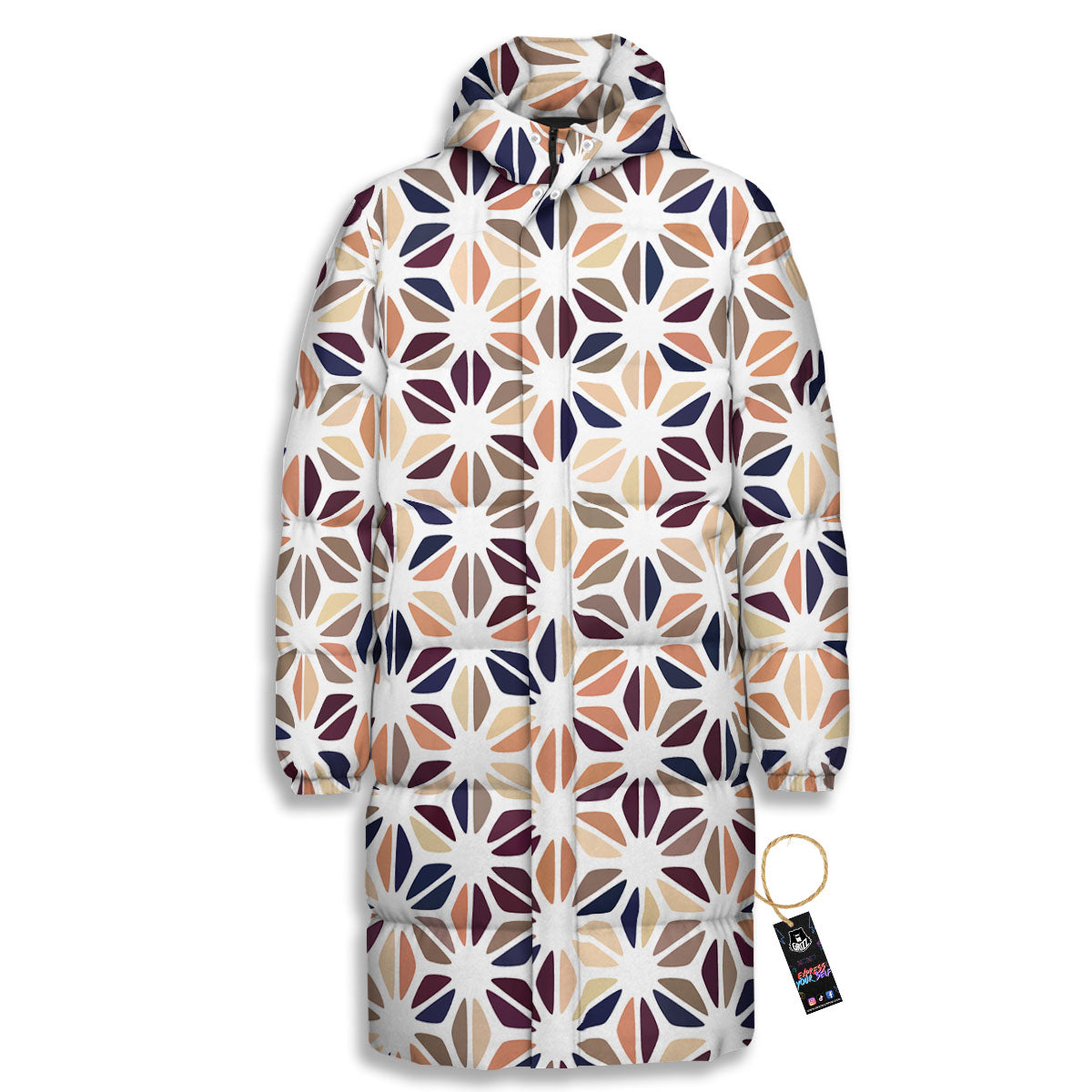 Floral Geometric Print Long Down Jacket-grizzshop