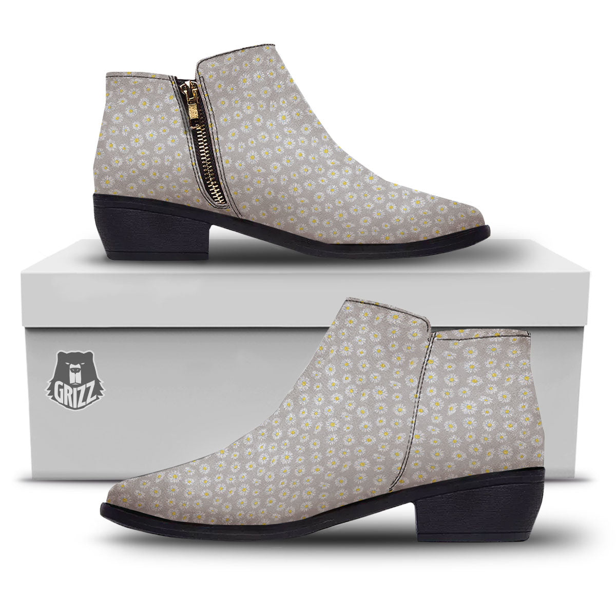 Floral Grey Daisy Print Pattern Ankle Boots-grizzshop