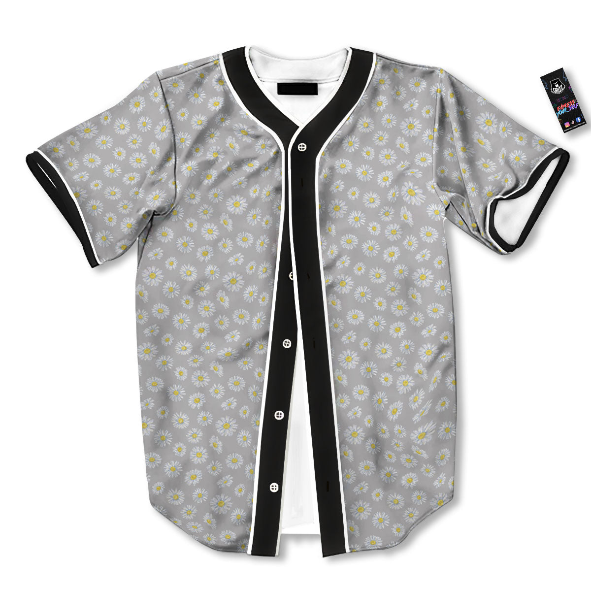 Floral Grey Daisy Print Pattern Baseball Jersey-grizzshop