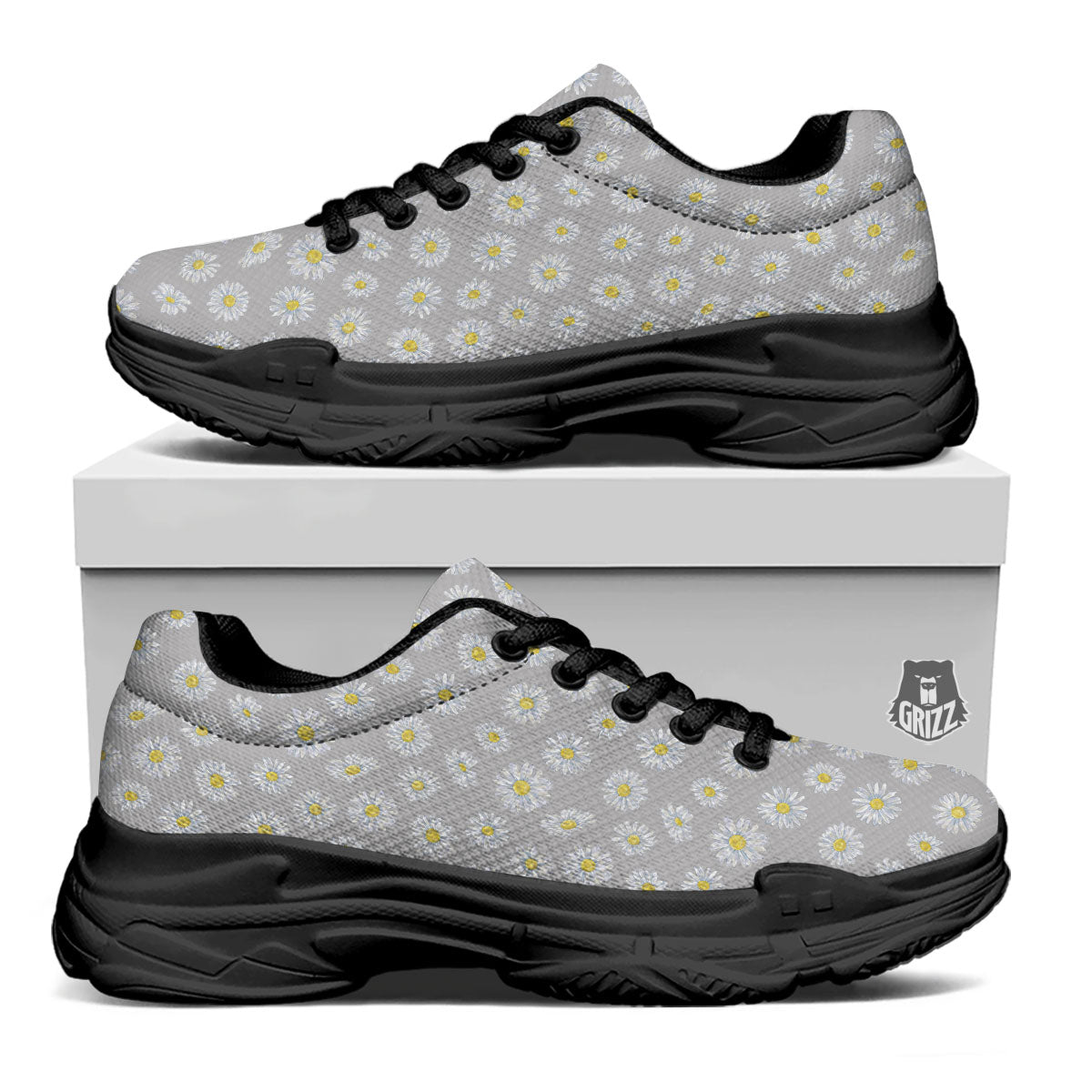 Floral Grey Daisy Print Pattern Black Chunky Shoes-grizzshop