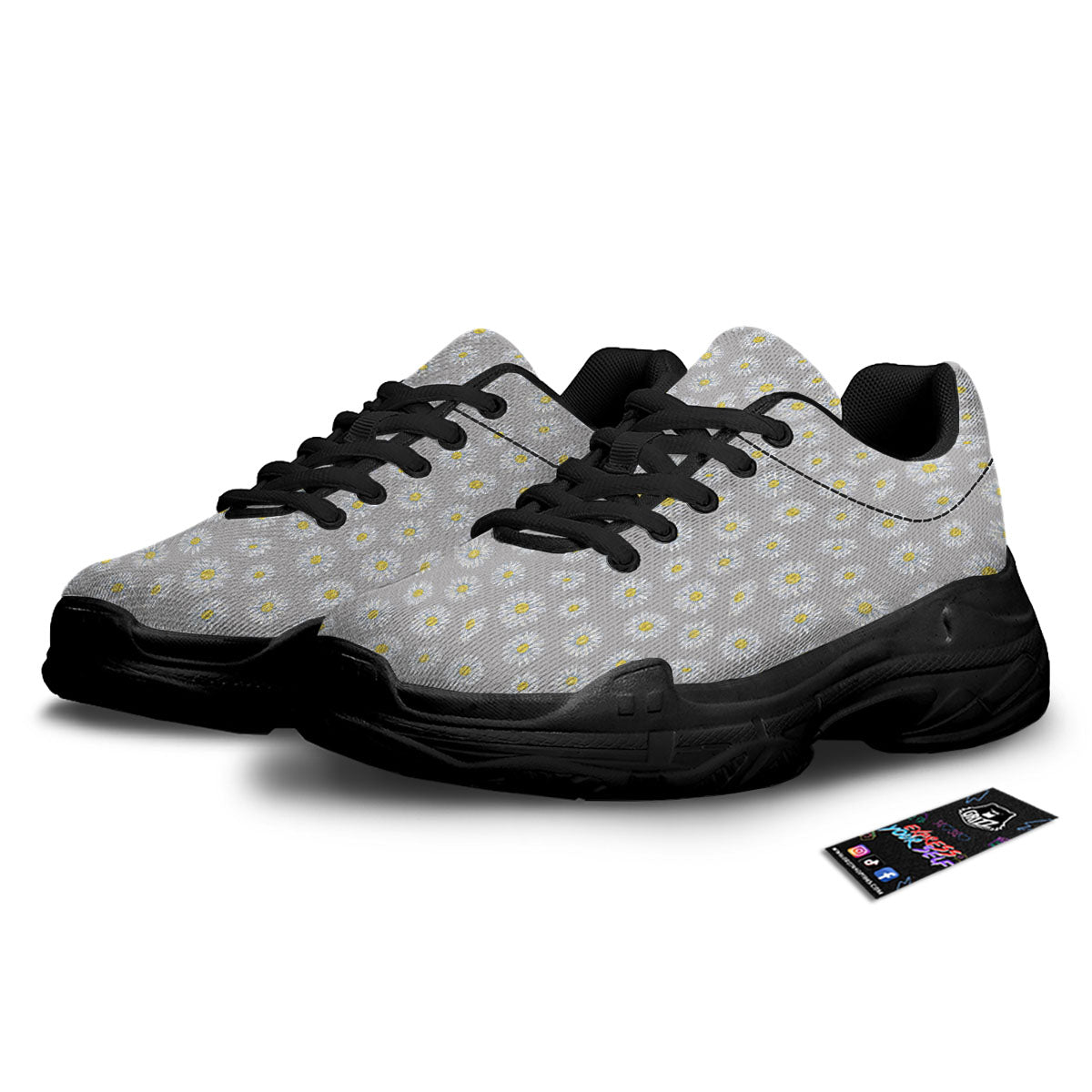 Floral Grey Daisy Print Pattern Black Chunky Shoes-grizzshop