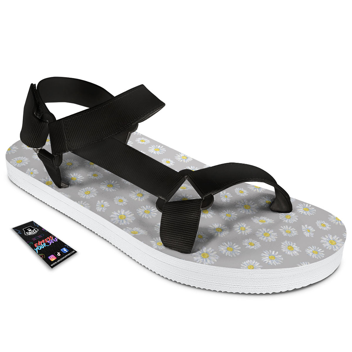 Floral Grey Daisy Print Pattern Black Open Toe Sandals-grizzshop