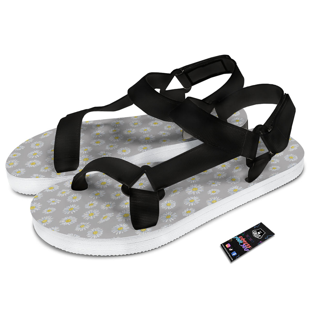Floral Grey Daisy Print Pattern Black Open Toe Sandals-grizzshop