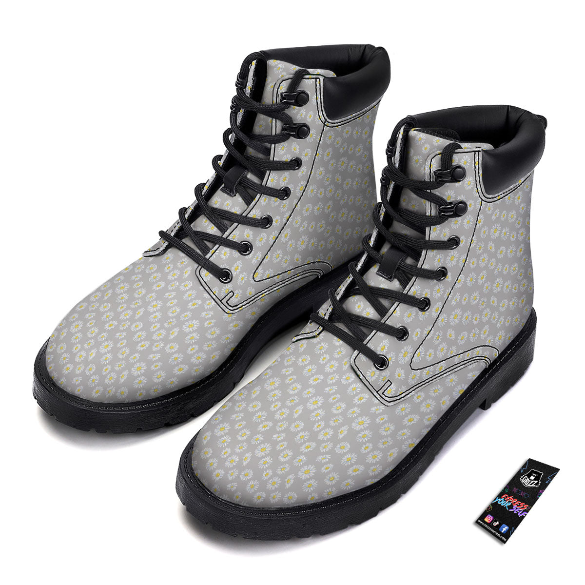 Floral Grey Daisy Print Pattern Boots-grizzshop
