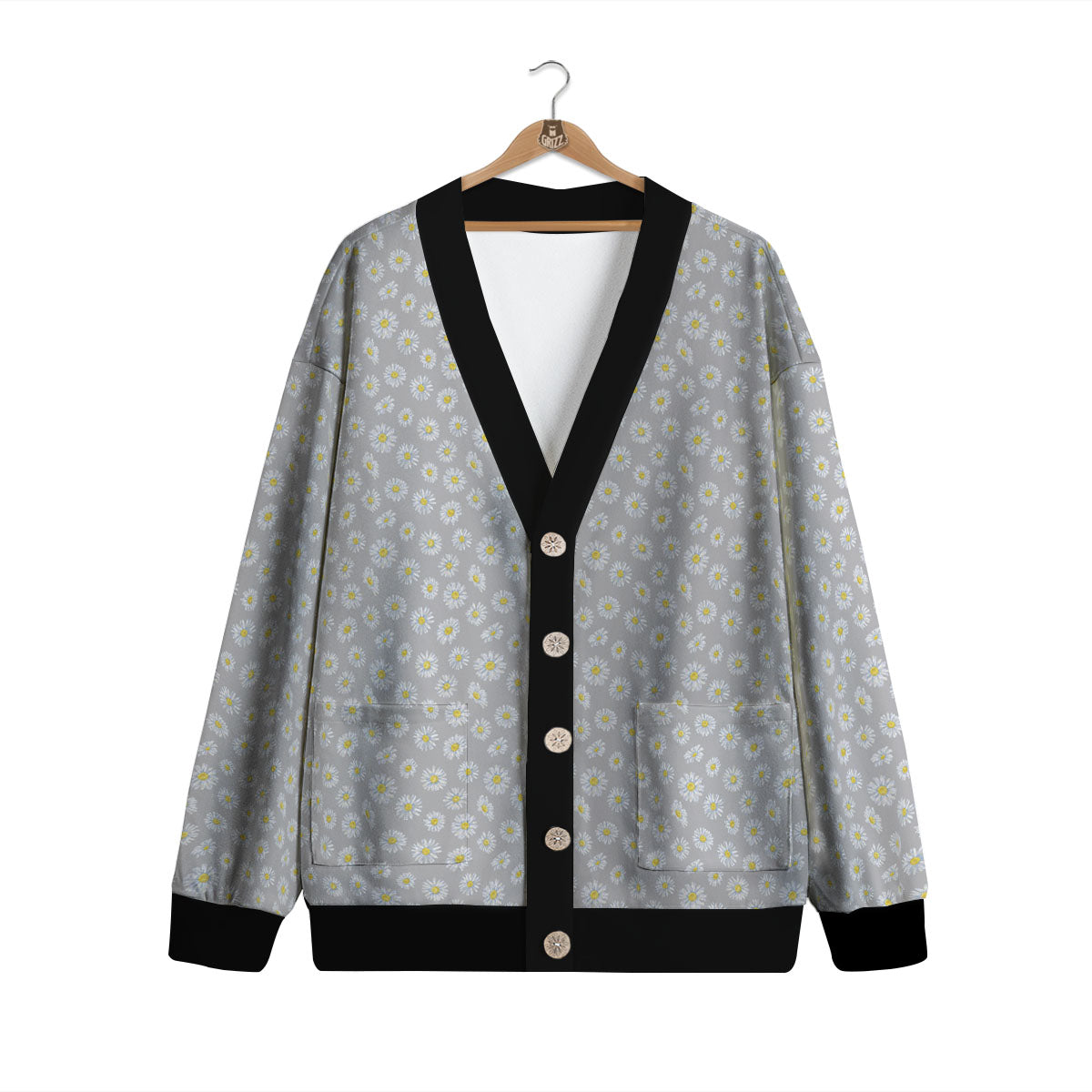 Floral Grey Daisy Print Pattern Cardigan-grizzshop