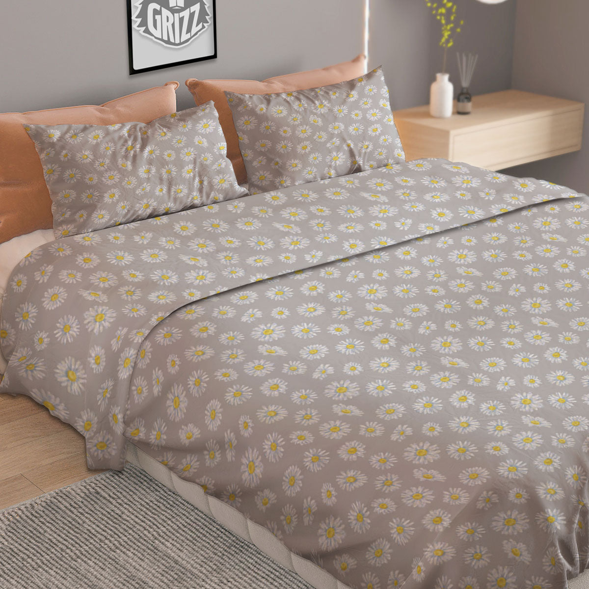 Floral Grey Daisy Print Pattern Duvet Cover Bedding Set