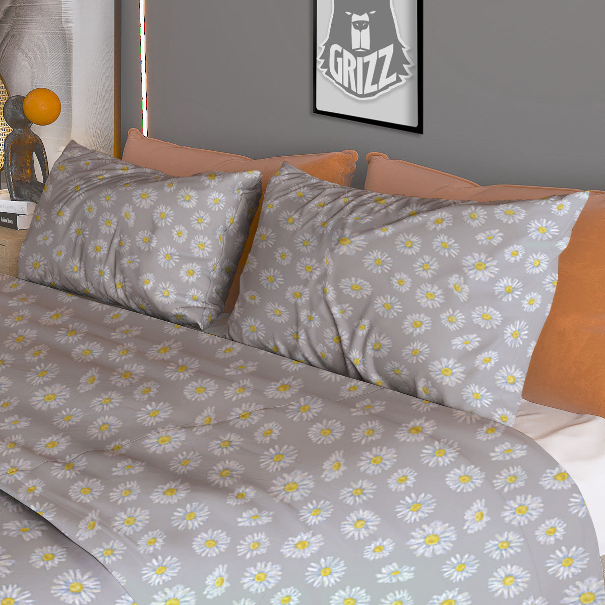 Floral Grey Daisy Print Pattern Duvet Cover Bedding Set
