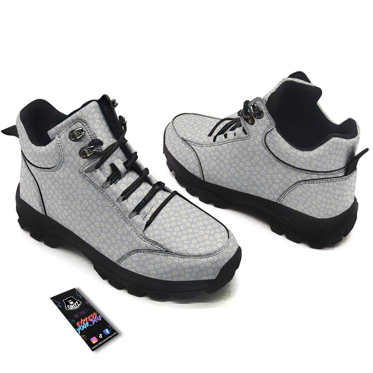 Floral Grey Daisy Print Pattern Hiking Shoes-grizzshop