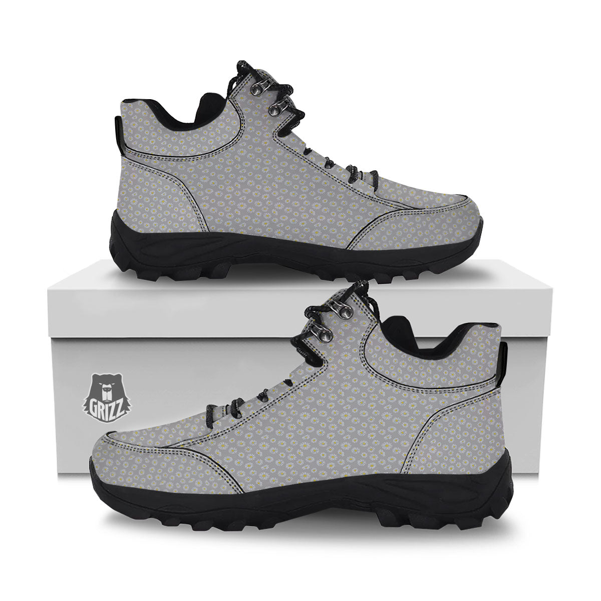 Floral Grey Daisy Print Pattern Hiking Shoes-grizzshop