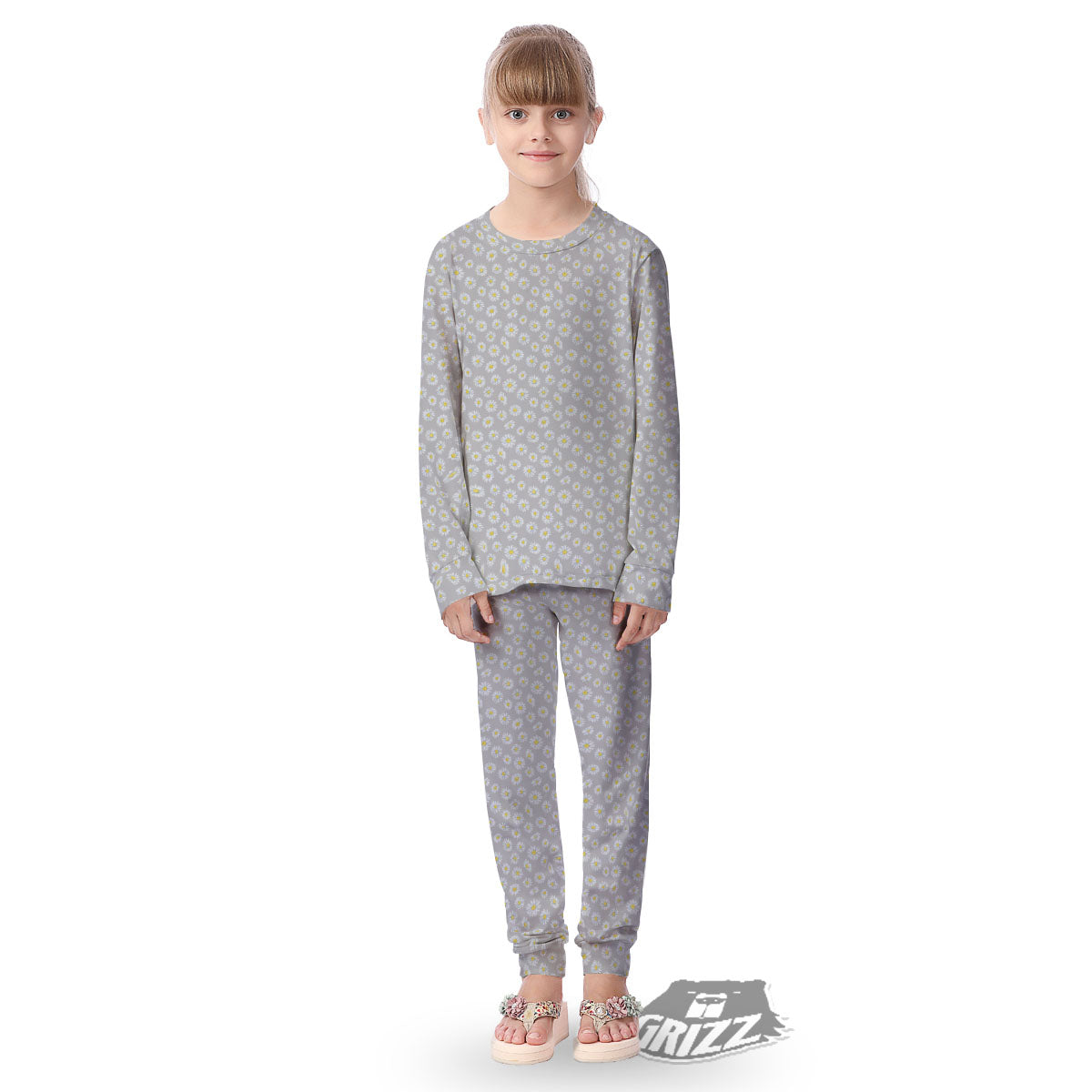 Floral Grey Daisy Print Pattern Kid's Pajamas-grizzshop