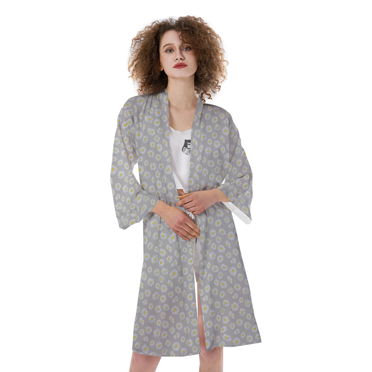 Floral Grey Daisy Print Pattern Kimono-grizzshop
