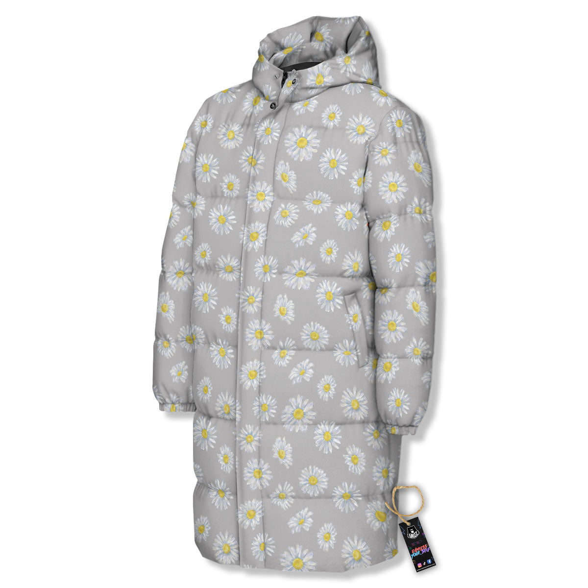 Floral Grey Daisy Print Pattern Long Down Jacket-grizzshop
